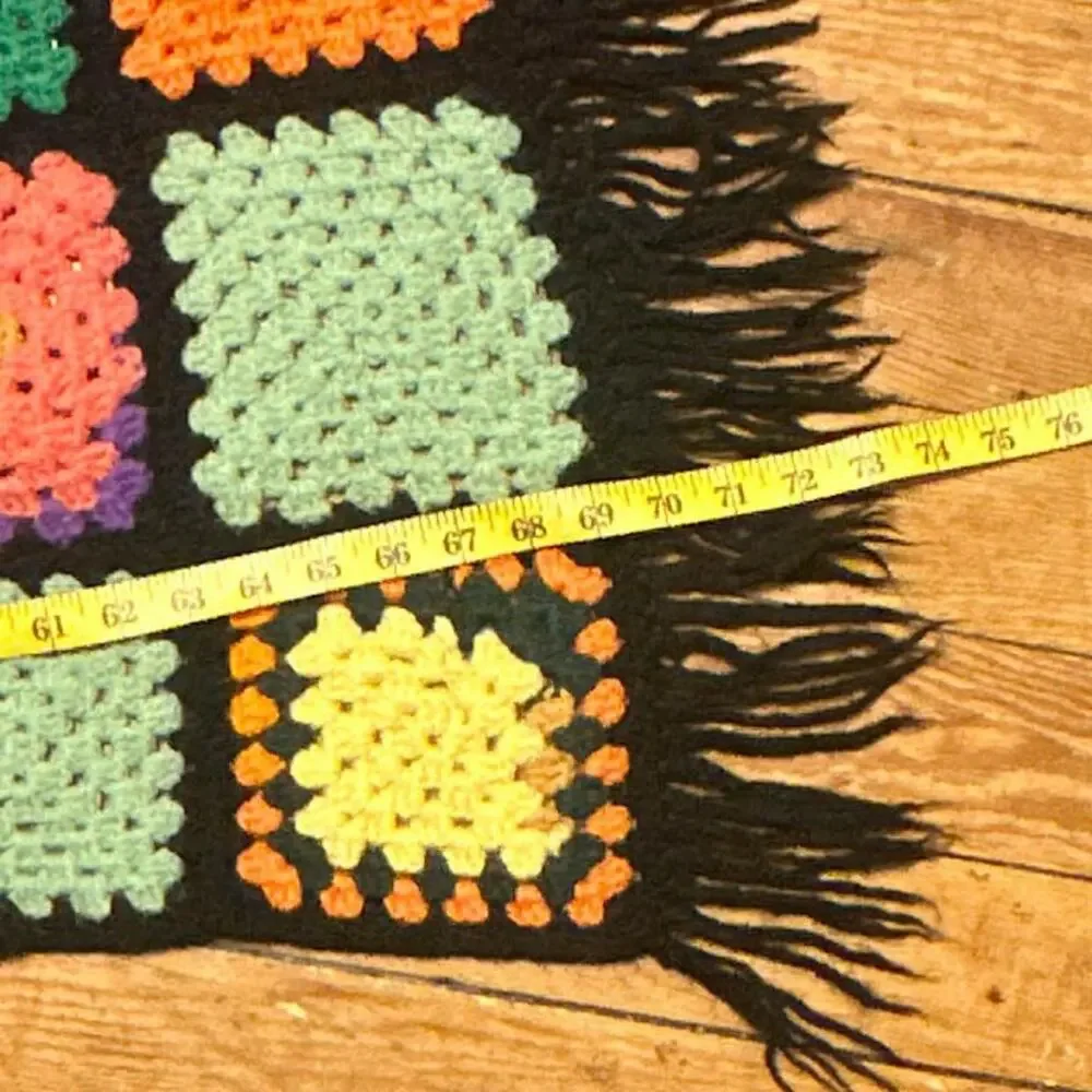 VTG Handmade Afghan Throw Blanket Roseanne Boho Fringe Black 73x35 OOAK Hippie